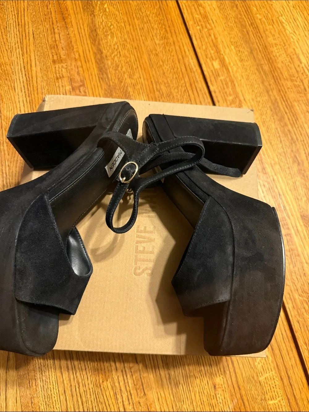 Steve Madden Black Suede Platform Block Heel Sandals with‎ Ankle Strap